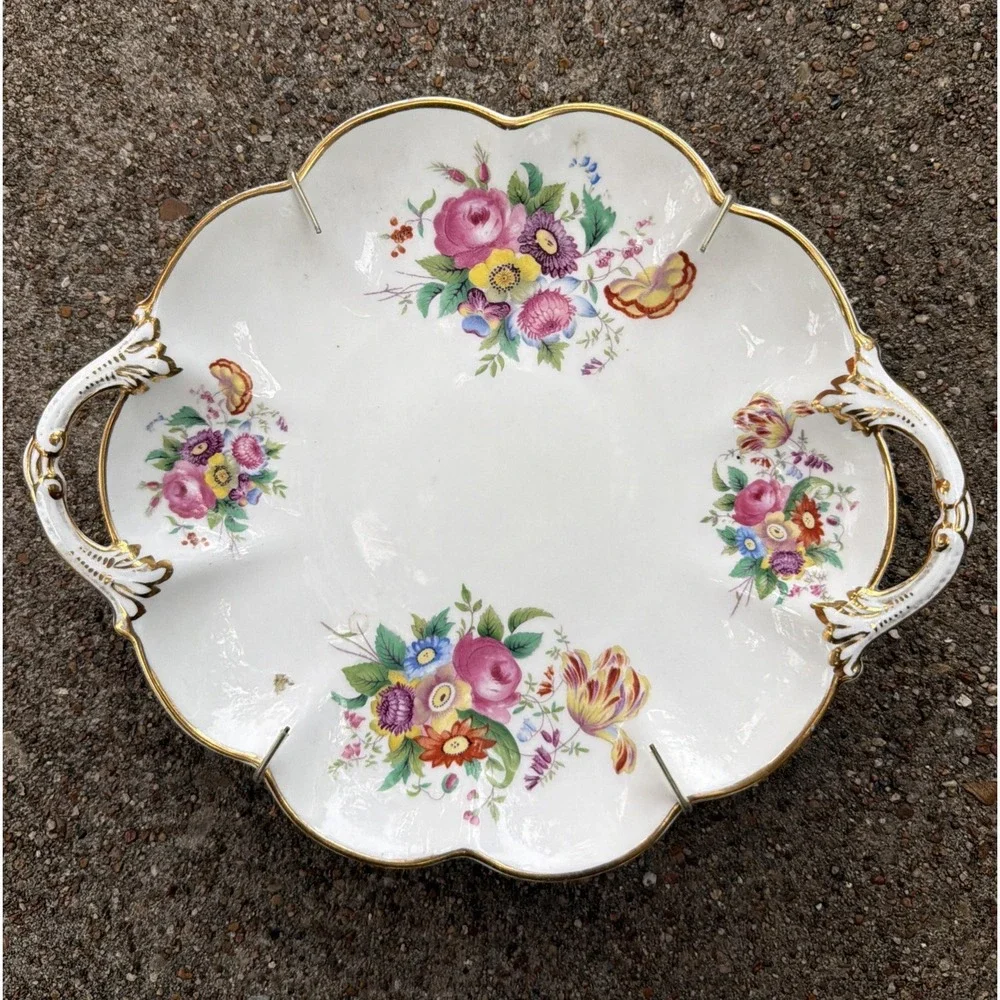 Vintage Crescent England Floral Handled Serving Dish Gold Gilt Wall Pocket Plate